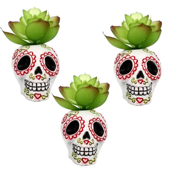 Day Of The Dead Desktop Ceramic Sugar Skull Artifical Succulent Plant Figure - Picture 1 of 11